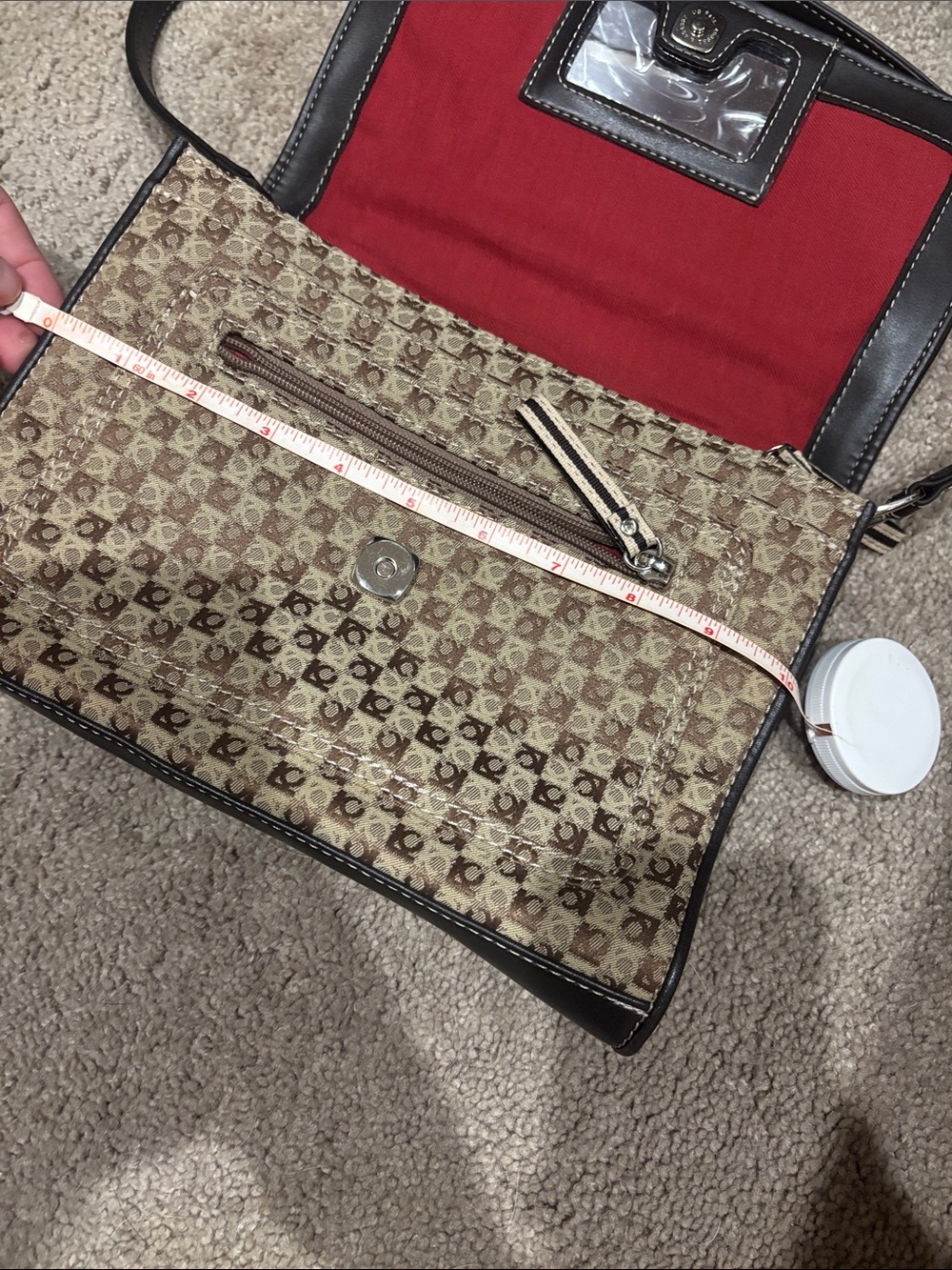 Vintage Liz Claiborne Monogram Shoulder Bag 90s Tan Brown Leather Red Purse Y2K - Picture 9 of 10